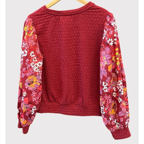 Porridge Anthropologie Red Bohemian Textured Pullover Sweatshirt Floral Sleeve - Picture 4 of 6